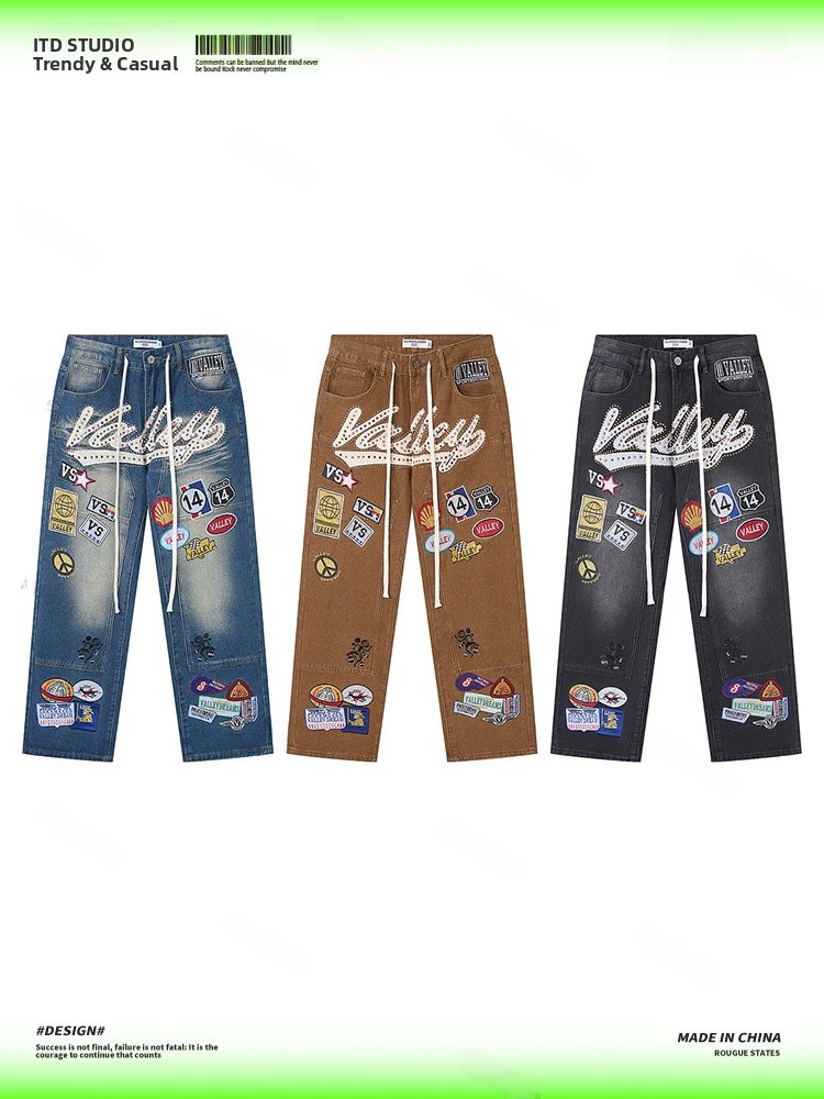 Valley Streetwear Brand - VALLEY Haftowane Luźne Męskie Jeansy w